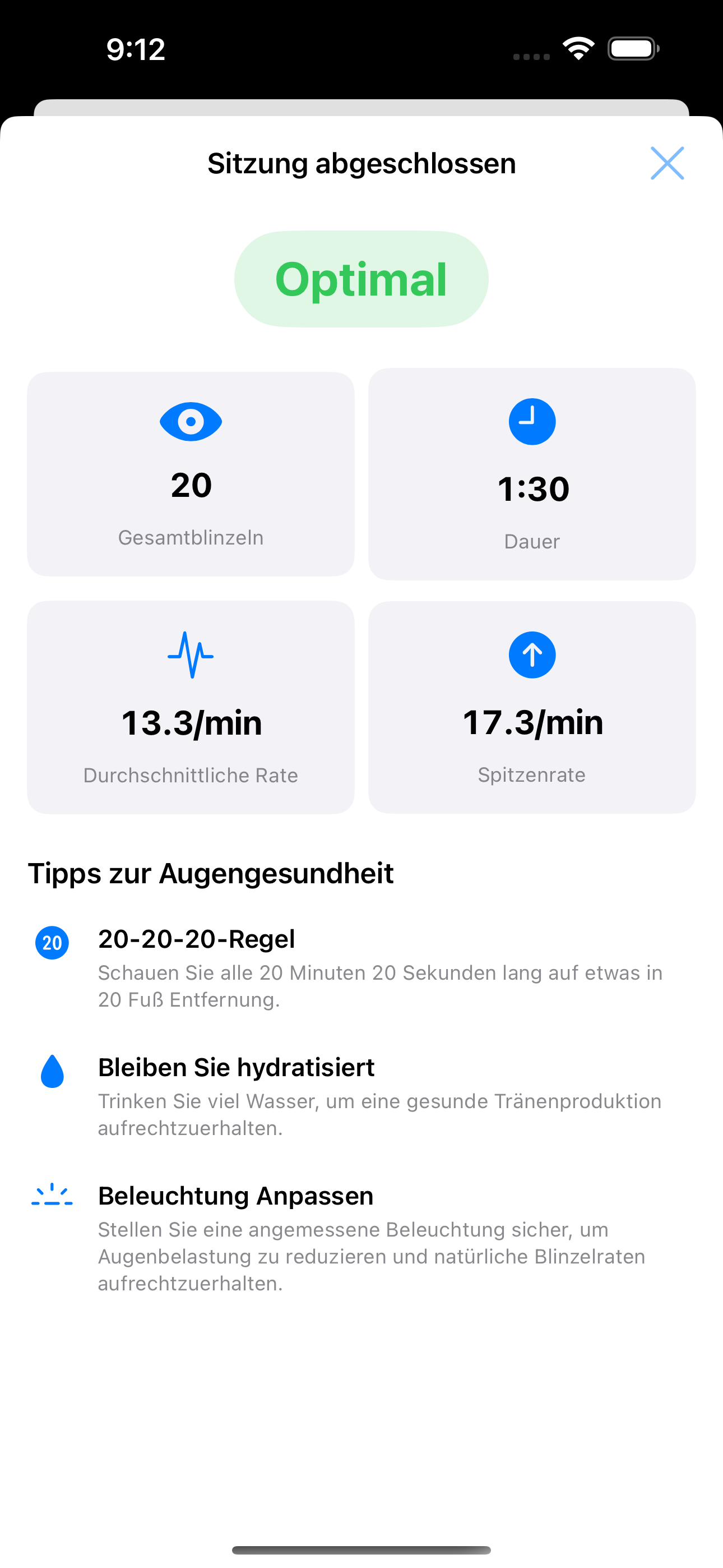 Bildschirm der Session-Zusammenfassung